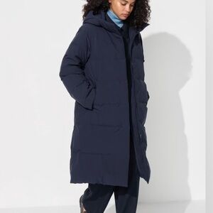 Uniqlo Seamless Down Coat Navy Longline Hooded Zipper Snap Button Winter-XXL